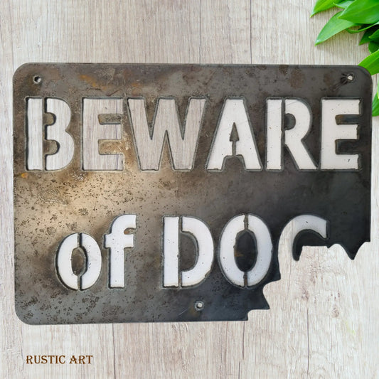 BEWARE OF DOG-With BITEMARK -Corten Rusty metal  art 340mm x 240mm - Vintique Concepts