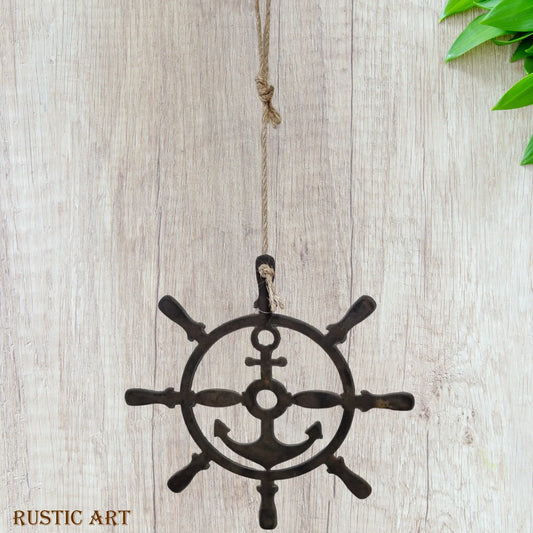 Jumbo Anchor & Ships wheel -Corten Rusty large hanging metal art 410mm dia - Vintique Concepts