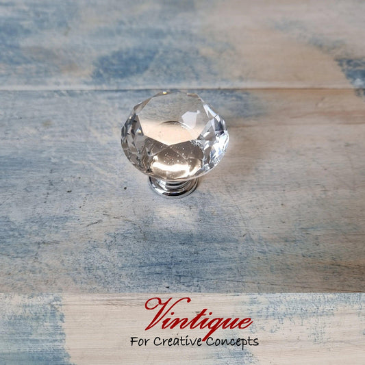 Crystal Glass Cabinet Drawer Knob Clear with Chrome Base 30mm Dia-Vintique Concepts