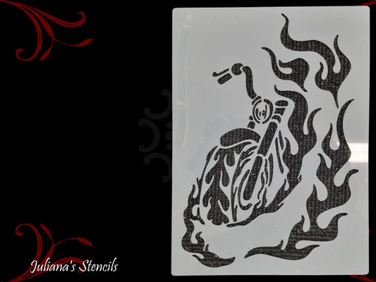 Flaming Motorbike Furniture & wall  Paint Stencil 297 x 210mm - Vintique Concepts