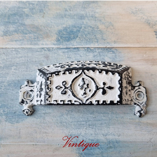 Distressed White Cast Iron Rectangle Cup Drawer Handle 118mm long-Vintique Concepts