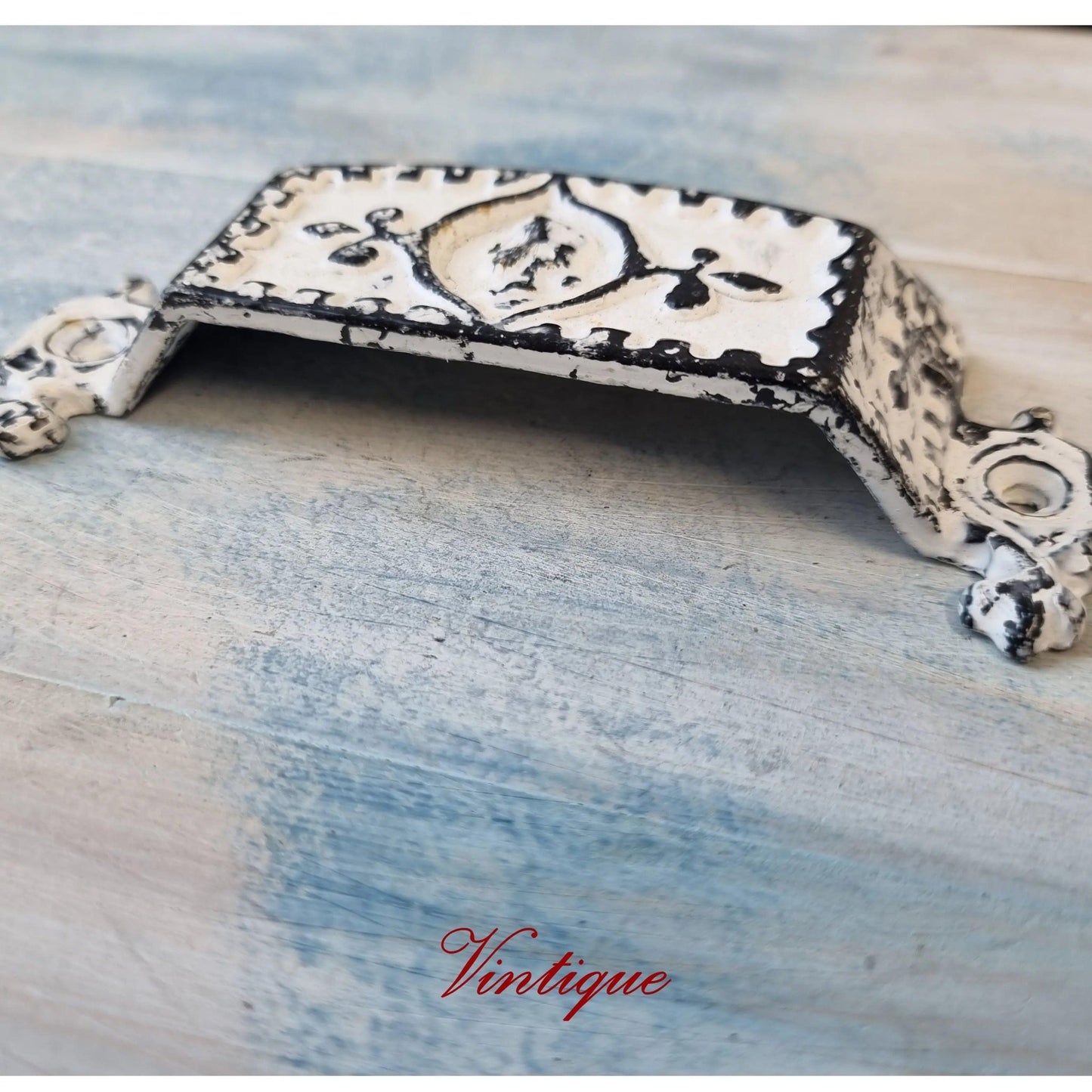 Distressed White Cast Iron Rectangle Cup Drawer Handle 118mm long-Vintique Concepts