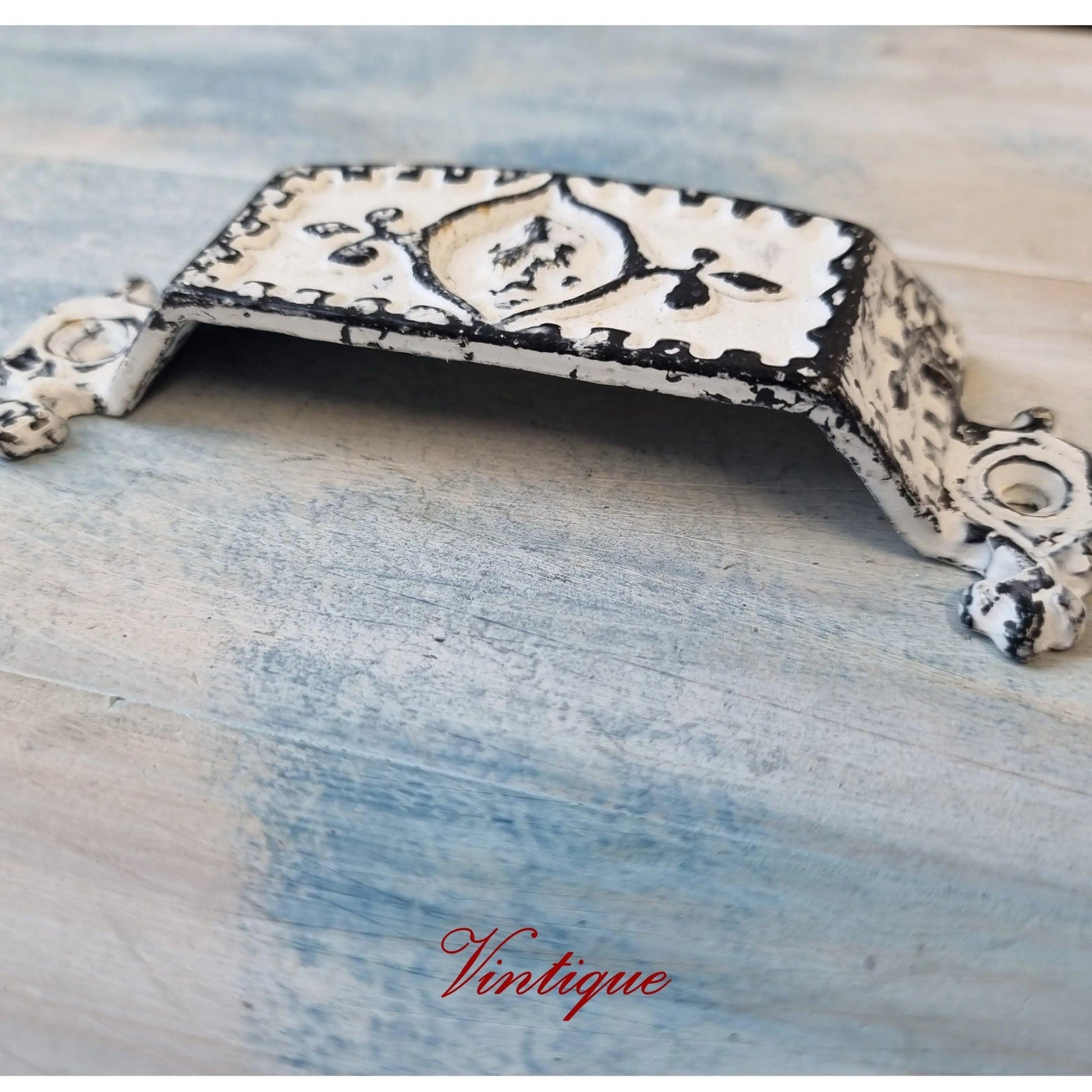 Distressed White Cast Iron Rectangle Cup Drawer Handle 118mm long-Vintique Concepts