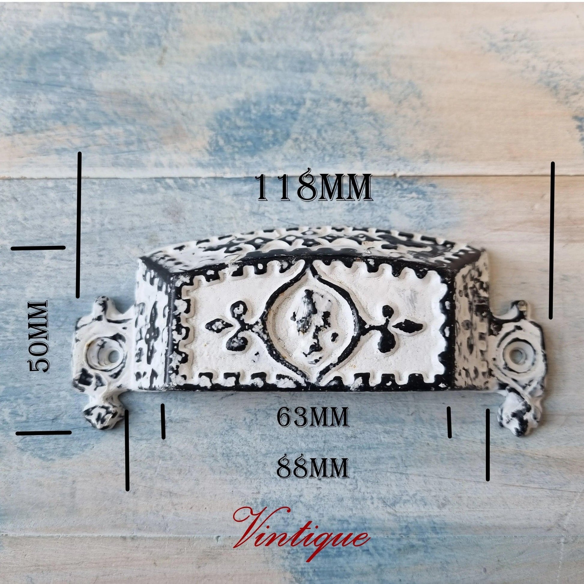Distressed White Cast Iron Rectangle Cup Drawer Handle 118mm long-Vintique Concepts
