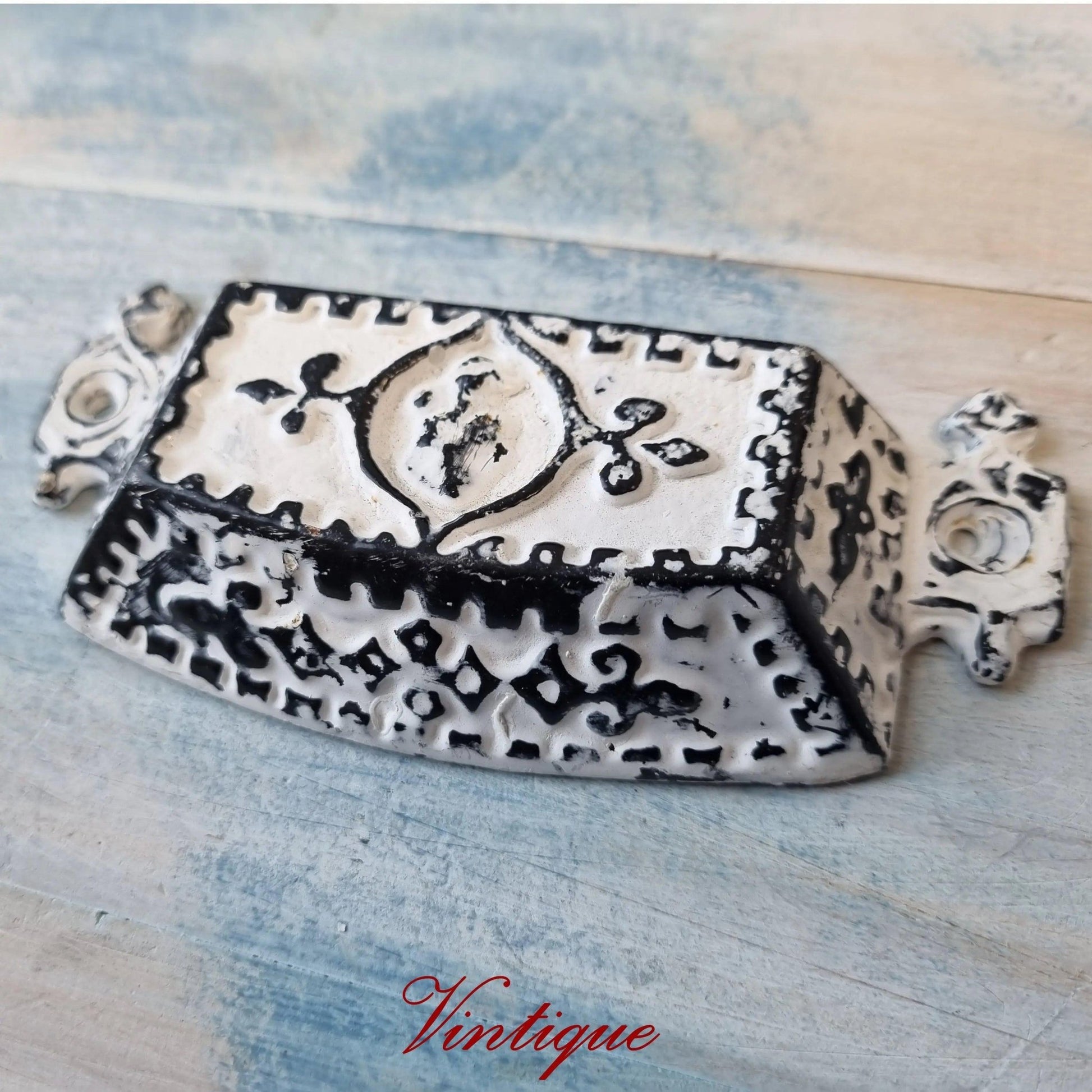Distressed White Cast Iron Rectangle Cup Drawer Handle 118mm long-Vintique Concepts