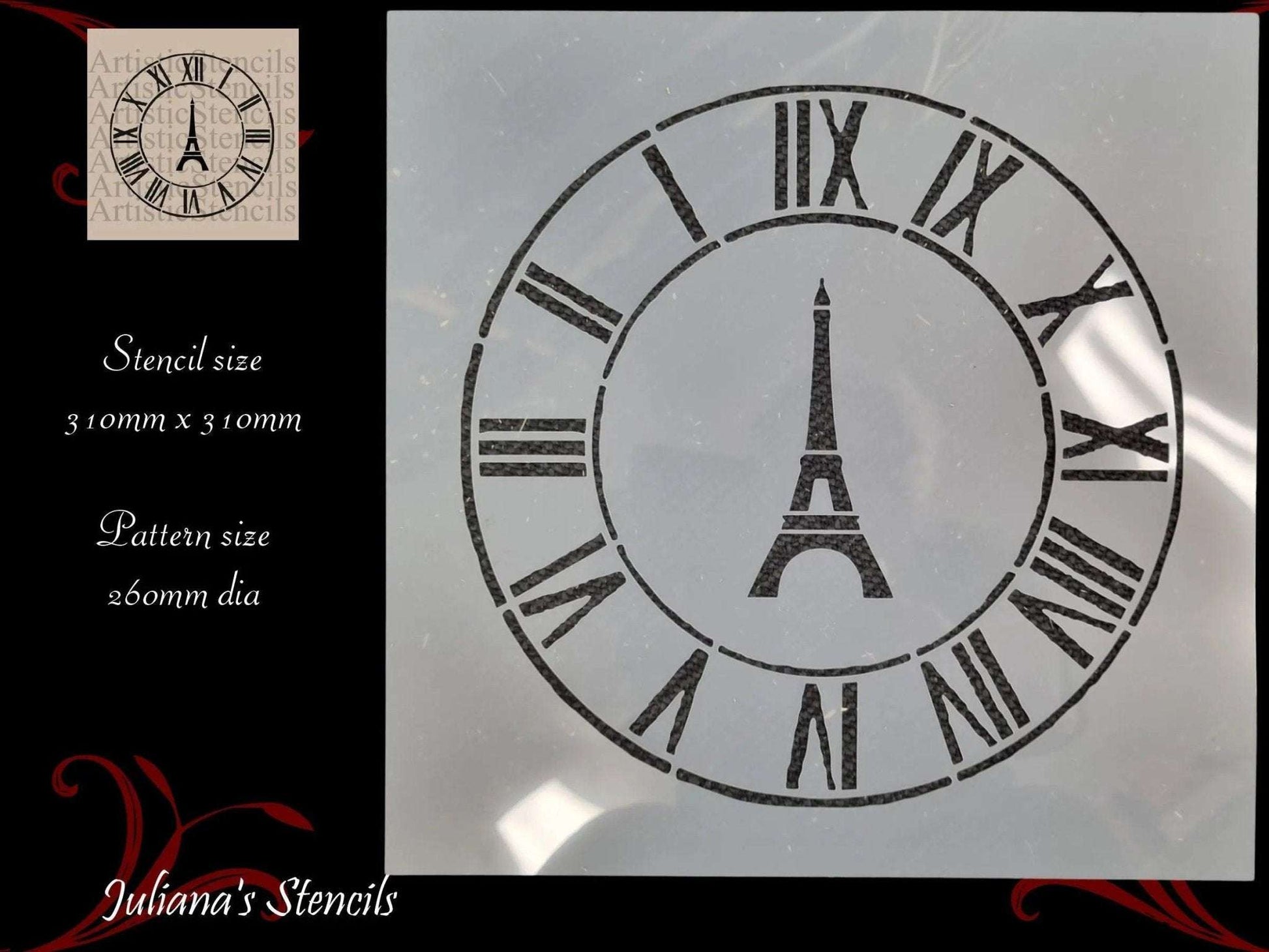 Eifle Tower Vintage Clock face roman numerals furniture premium paint stencil 260mm diameter-Vintique Concepts
