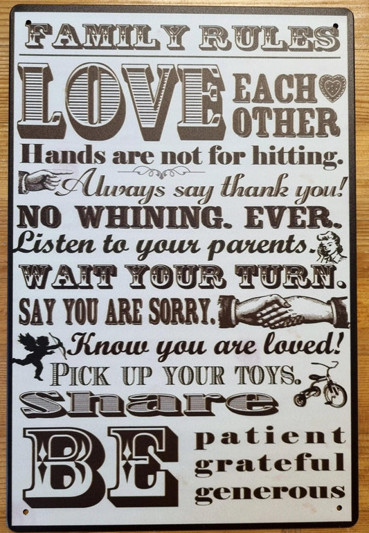 FAMILY RULES......Inspirational  & humerous Tin Sign-30cm x 20cm *-Vintique Concepts