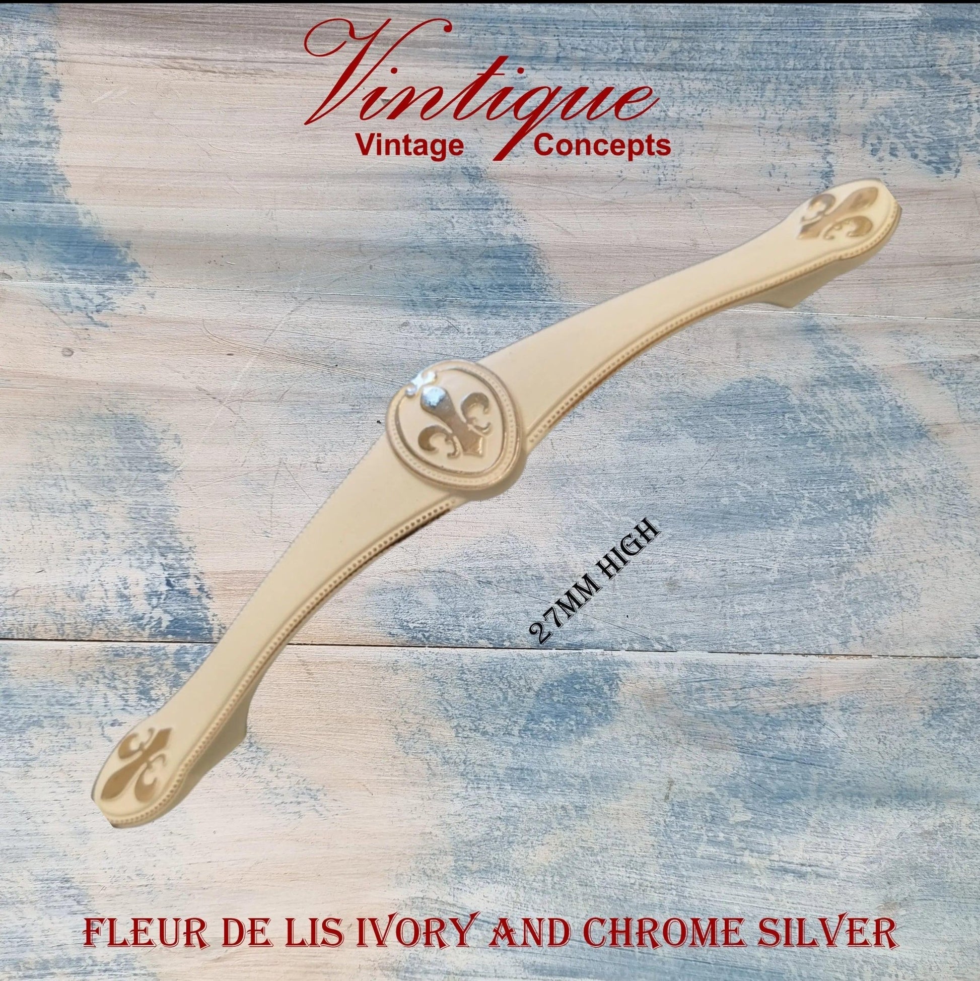 Fleur de Lis Ivory with Chrome silver Drawer handle 180mm long-Vintique Concepts