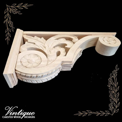 FlORAL & FAUNA Large wood shelf bracket 25cm x 45cm x 8cm (6cm carved width) - Vintique Concepts