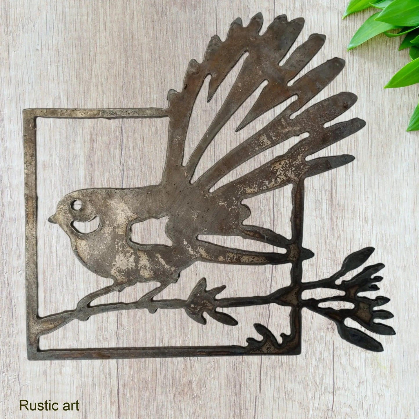 Framed Rusty Metal Bird FANTAIL or Pīwakawaka  198mm x 183mm-Vintique Concepts