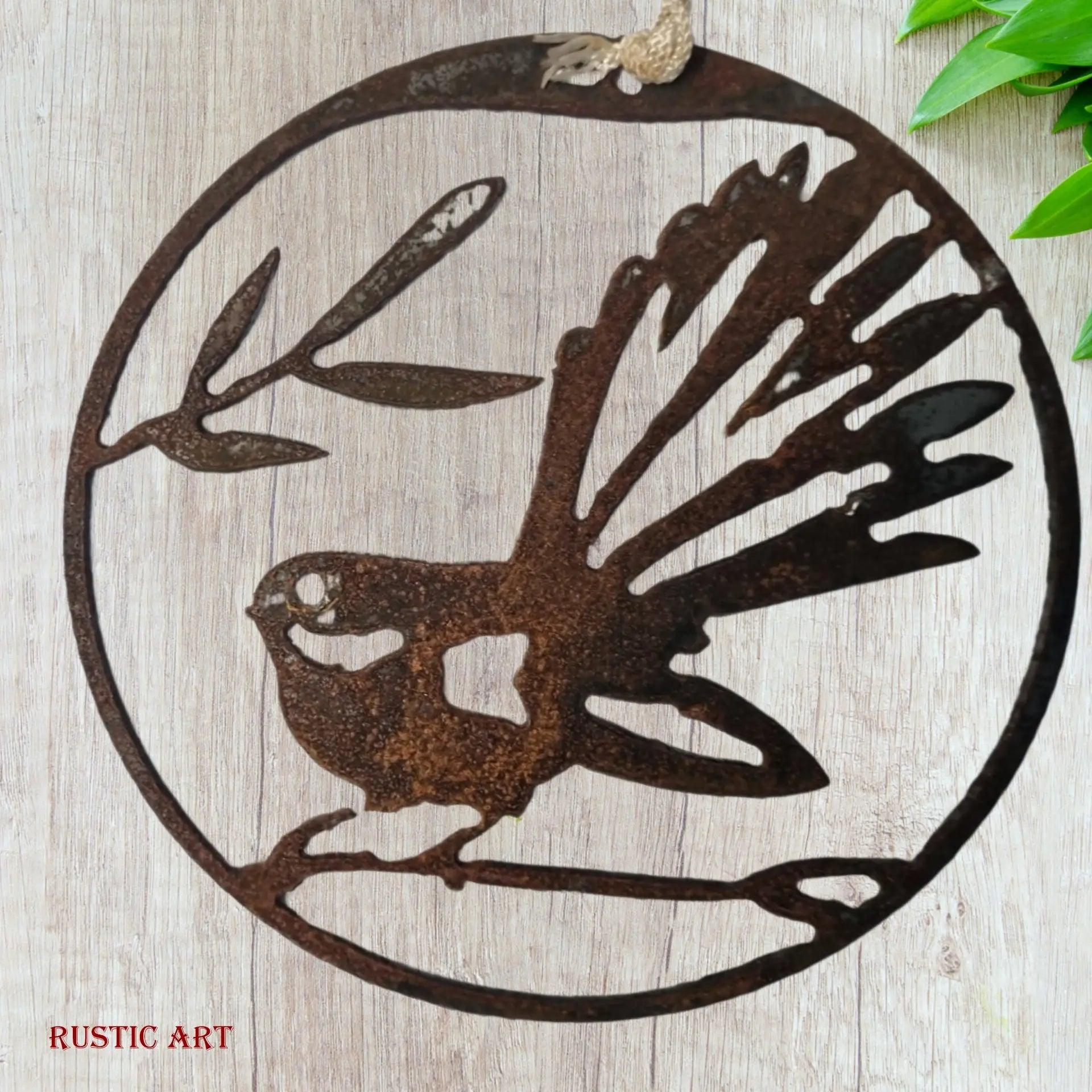 Hanging Rusty Metal Bird FANTAIL or Pīwakawaka  in circle approx 180mm in dia-Vintique Concepts