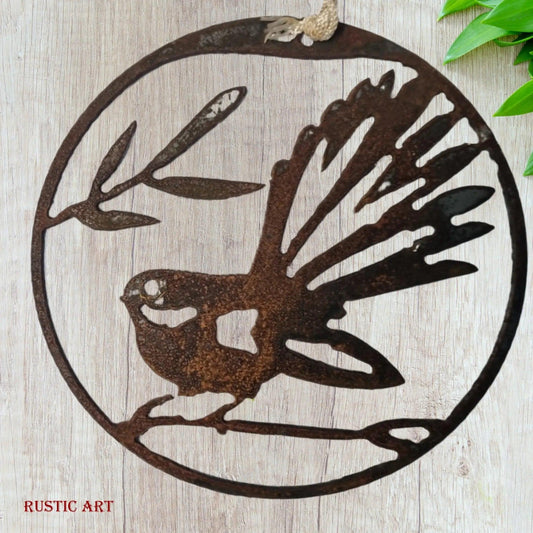 Hanging Rusty Metal Bird FANTAIL or Pīwakawaka  in circle approx 180mm in dia-Vintique Concepts
