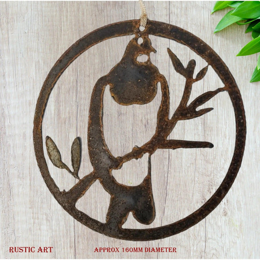 Hanging Rusty Metal Bird KERERU in  circle approx 180mm in dia-Vintique Concepts