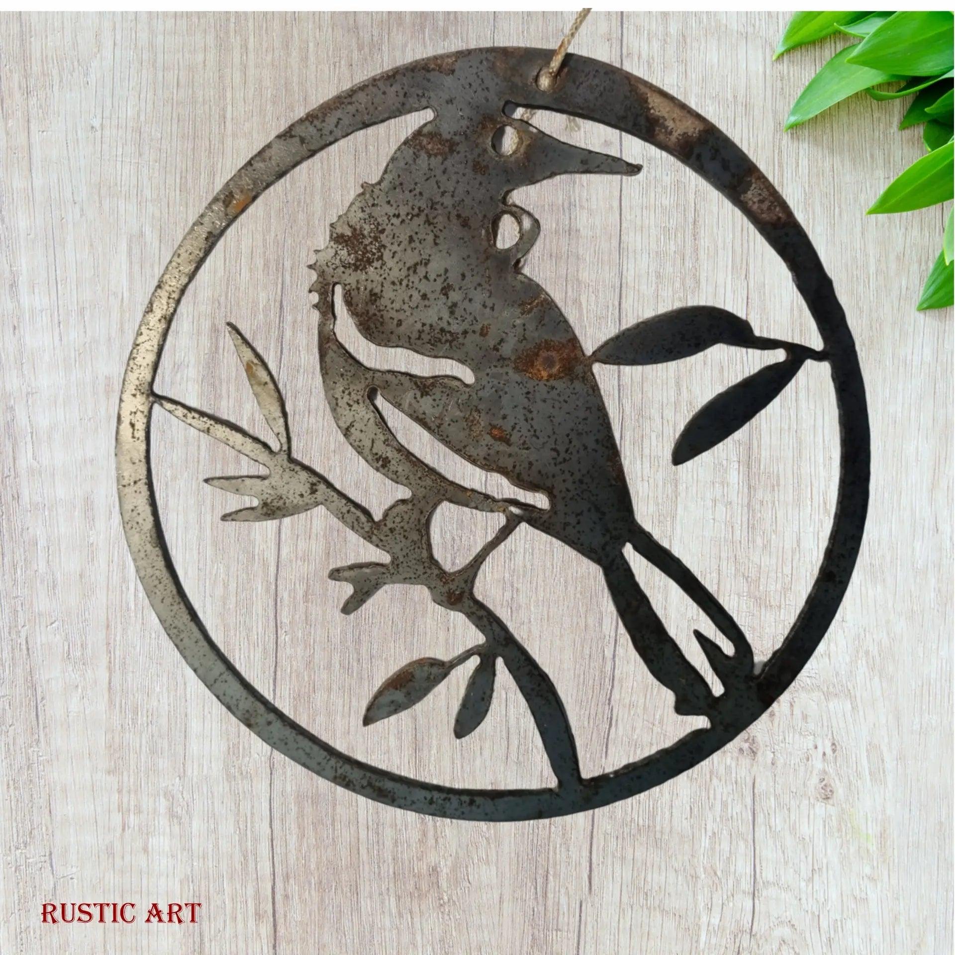 hanging Rusty Metal Bird TUI in circle approx 180mm in dia-Vintique Concepts