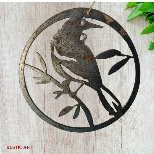 hanging Rusty Metal Bird TUI in circle approx 180mm in dia-Vintique Concepts
