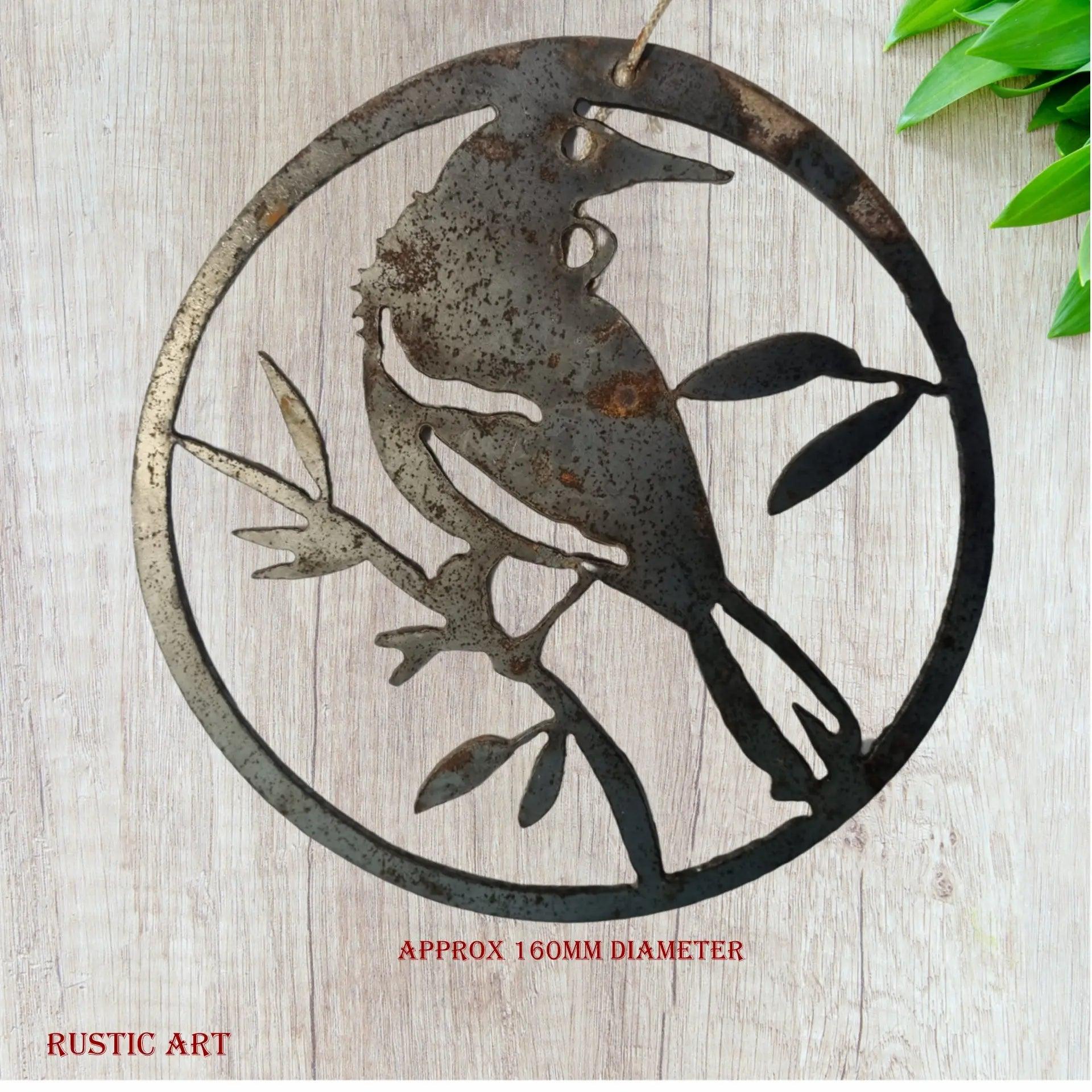 hanging Rusty Metal Bird TUI in circle approx 180mm in dia-Vintique Concepts