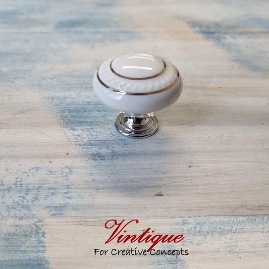 ITALIA Ceramic Cabinet Drawer Knob White with Gold inlay 35mm Dia-Vintique Concepts