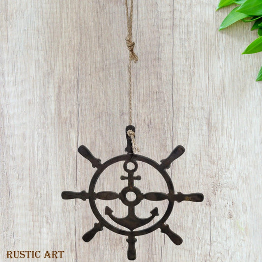 Jumbo Anchor & Ships wheel -Corten Rusty large hanging metal art 410mm dia-Vintique Concepts