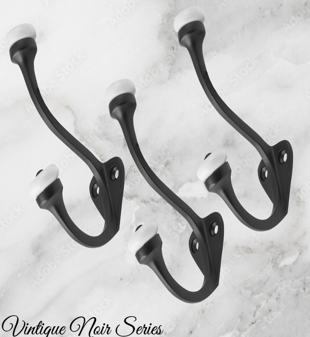 Matt Black Victorian Coat & Hat Hook W/Porcelian 115mm x 75mm-Vintique Concepts