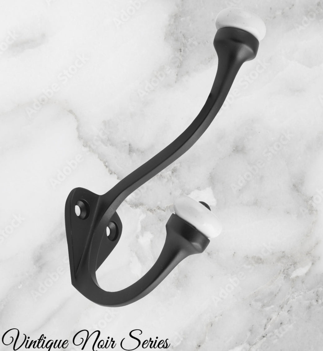 Matt Black Victorian Coat & Hat Hook W/Porcelian 115mm x 75mm-Vintique Concepts