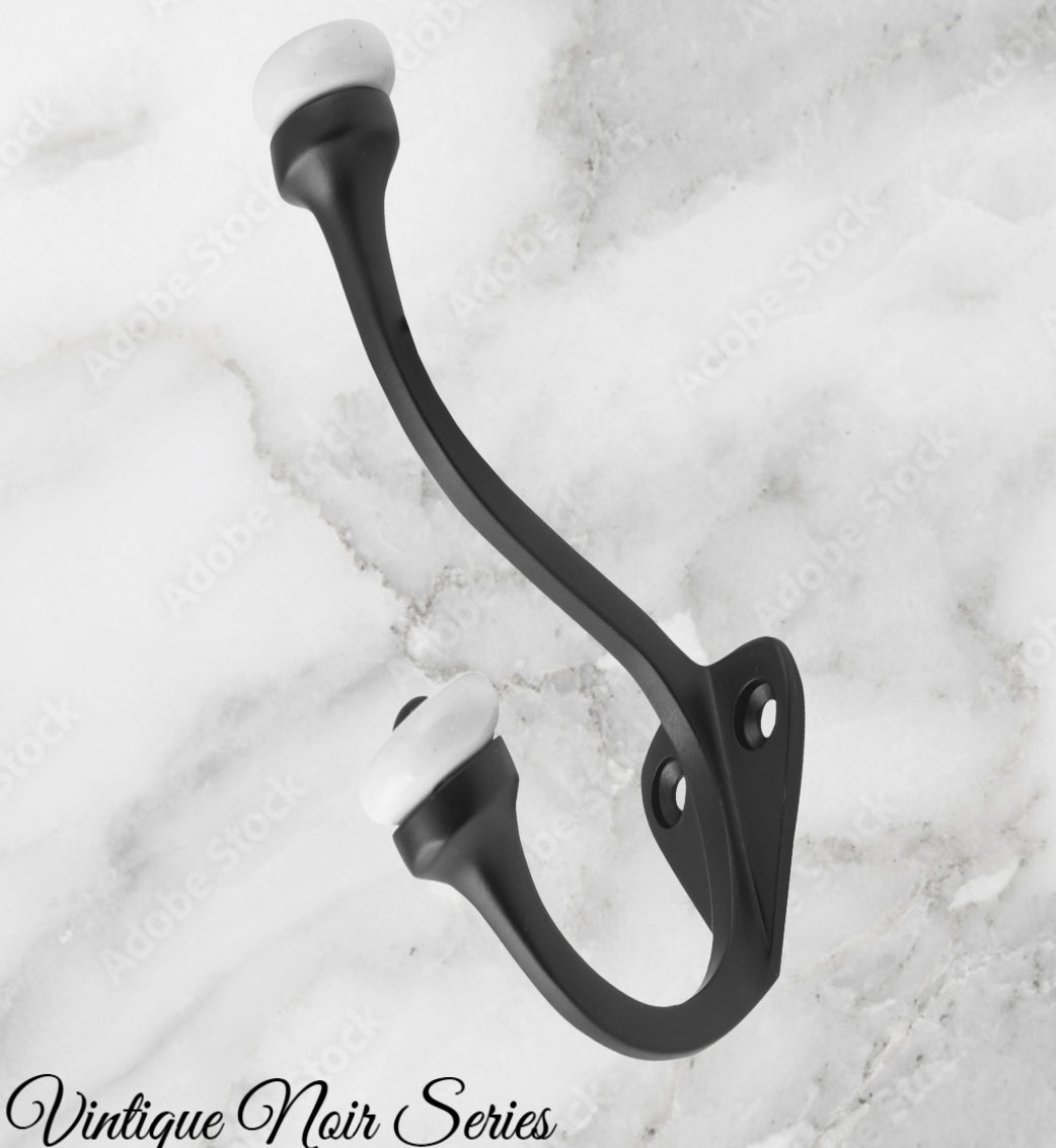Matt Black Victorian Coat & Hat Hook W/Porcelian 115mm x 75mm-Vintique Concepts
