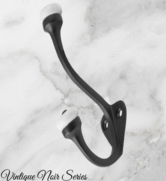 Matt Black Victorian Coat & Hat Hook W/Porcelian 115mm x 75mm-Vintique Concepts