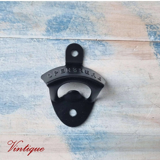 OPEN HERE- BLACK Wall Mounted Vintage Bottle opener for beer bottles etc - Vintique Concepts