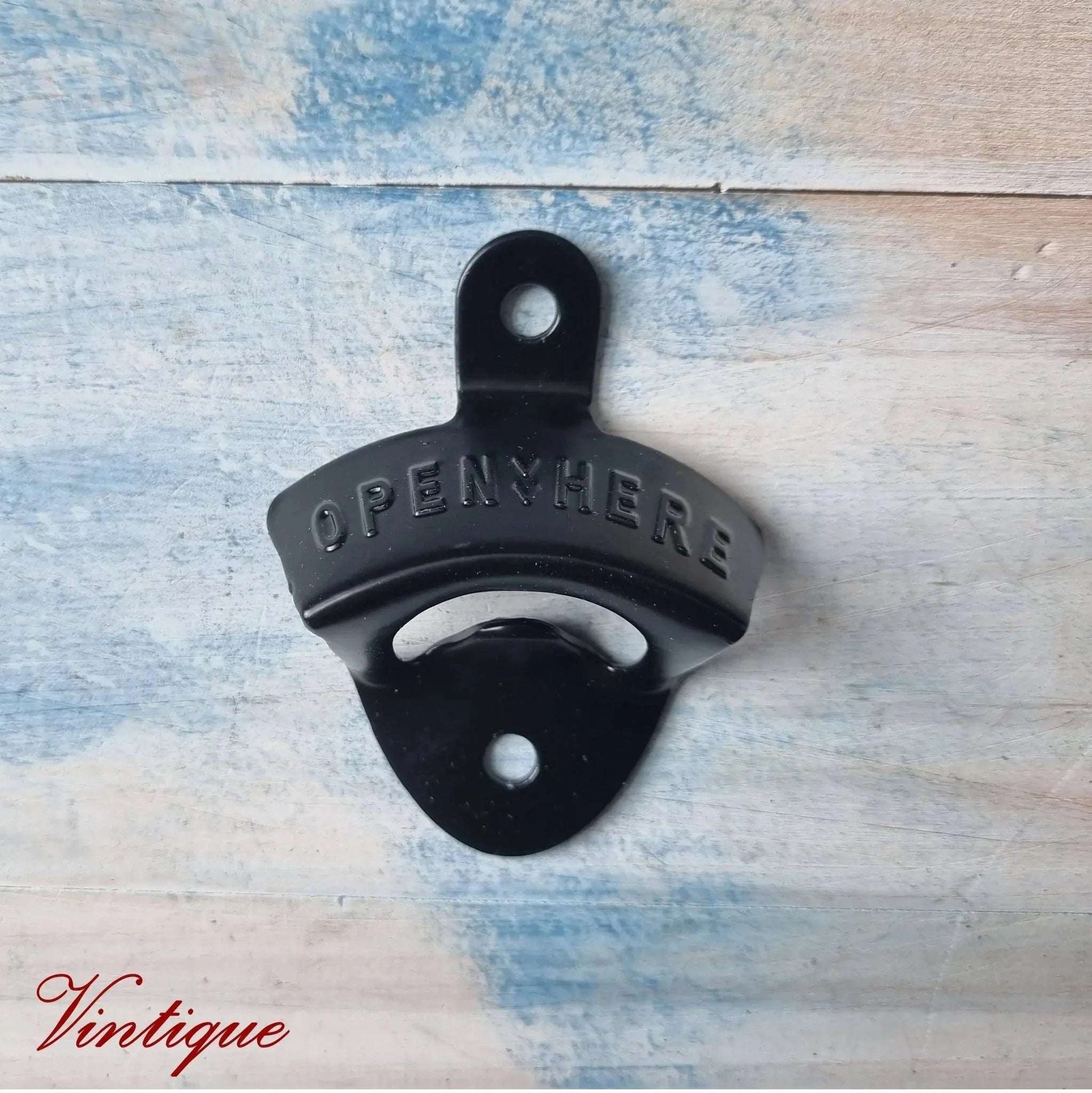 OPEN HERE- BLACK Wall Mounted Vintage Bottle opener for beer bottles etc - Vintique Concepts