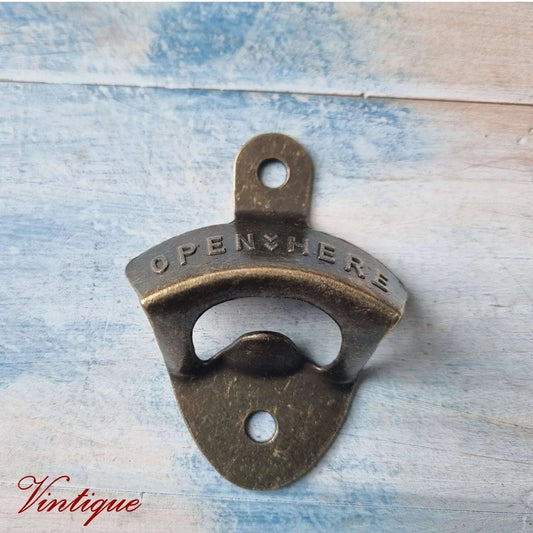 OPEN HERE- BRONZE Wall Mounted Vintage Bottle opener for beer bottles etc - Vintique Concepts