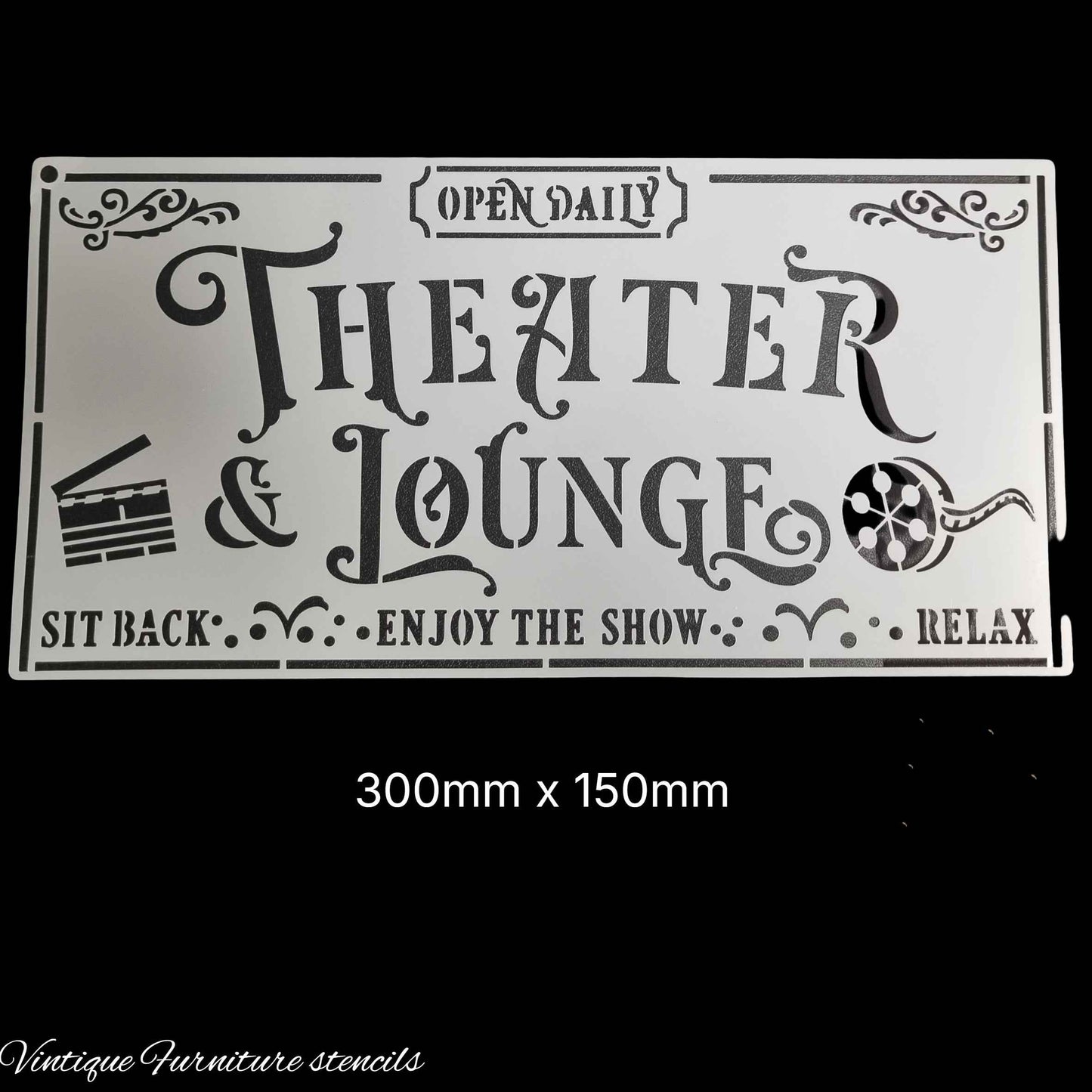 Country themed furniture paint stencil-Theater lounge 300mm x 150mm