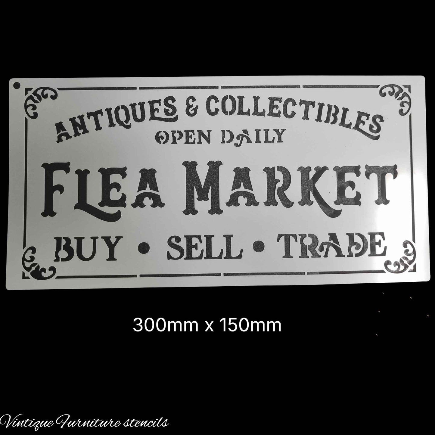 Country themed furniture paint stencil-Flea Market 300mm x 150mm