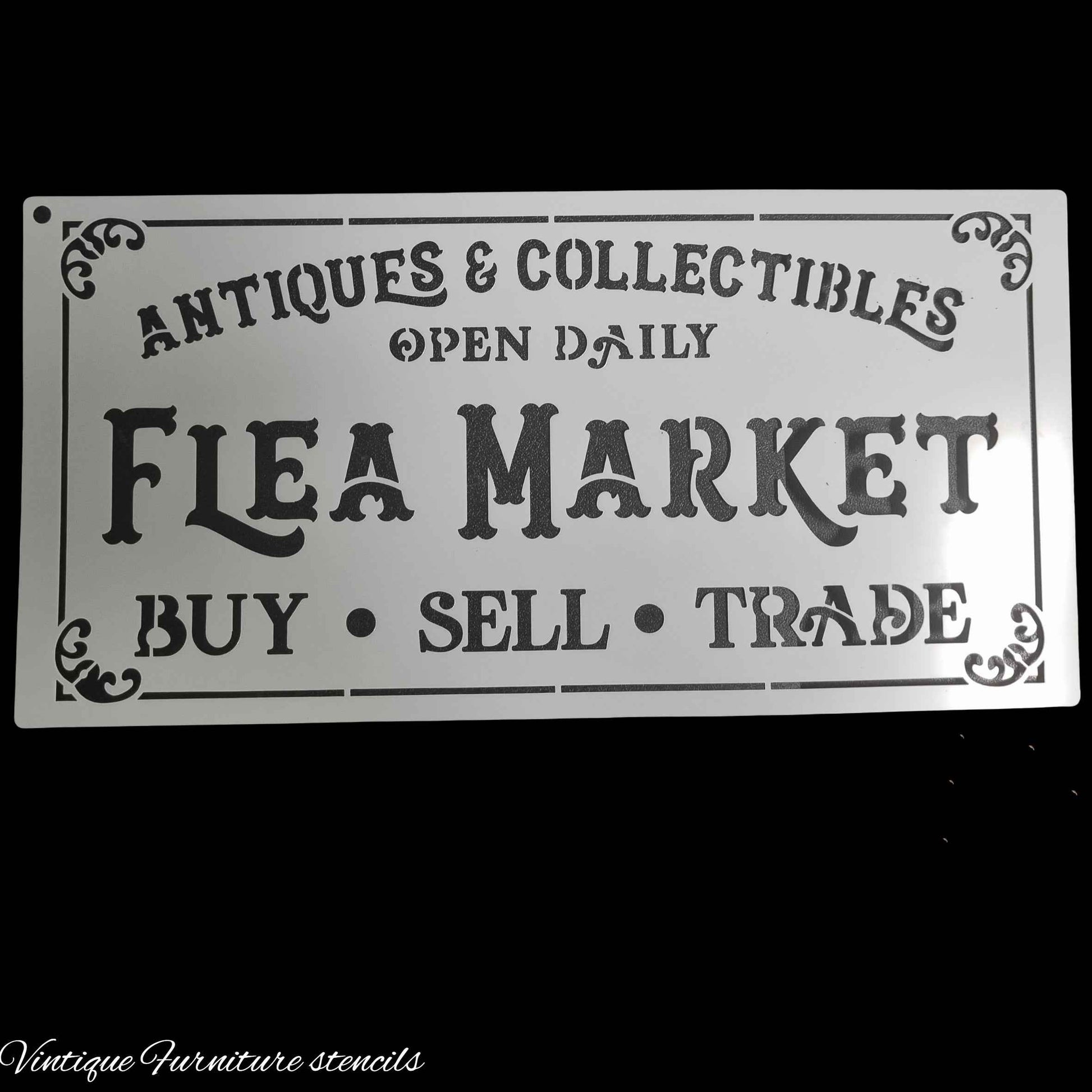 Country themed furniture paint stencil-Flea Market 300mm x 150mm