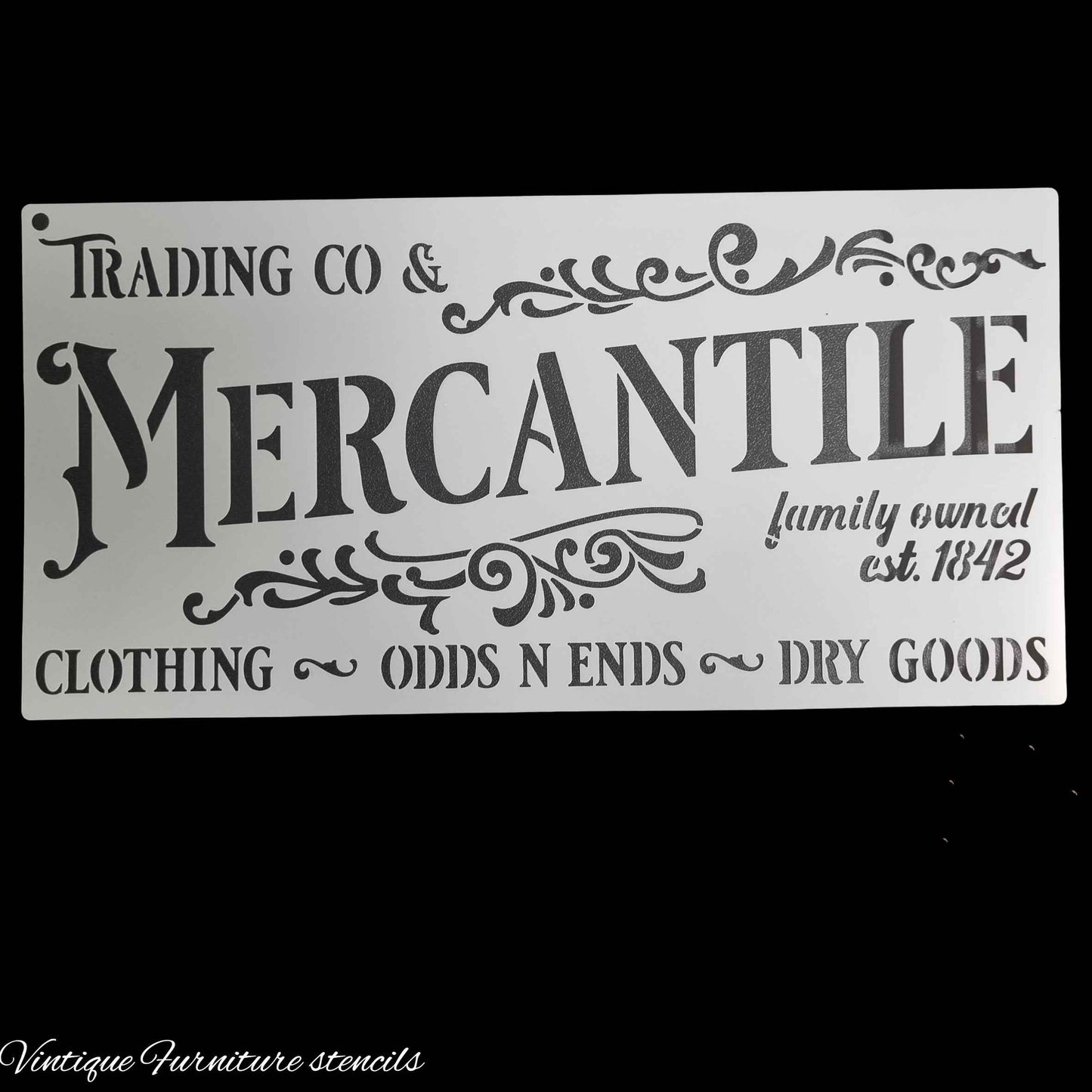 Country themed furniture paint stencil-MERCATILE 300mm x 150mm