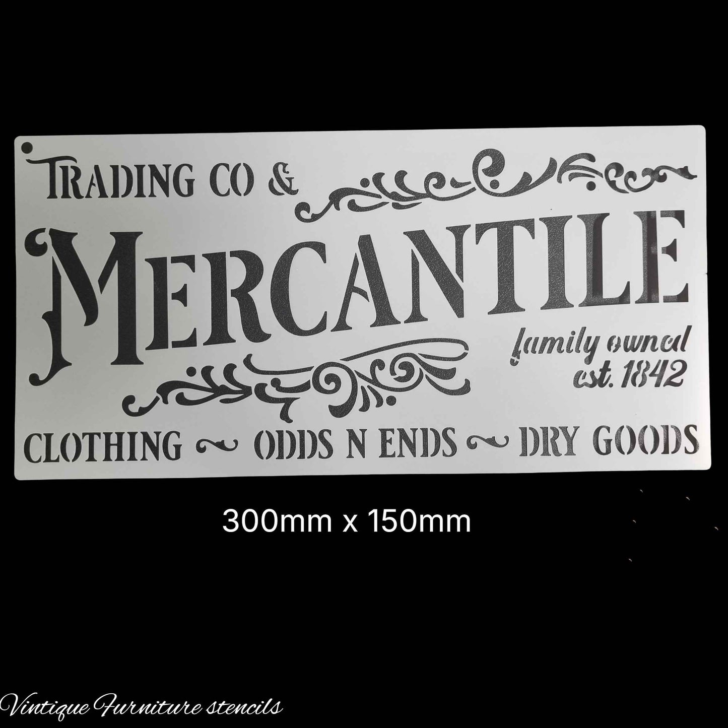 Country themed furniture paint stencil-MERCATILE 300mm x 150mm
