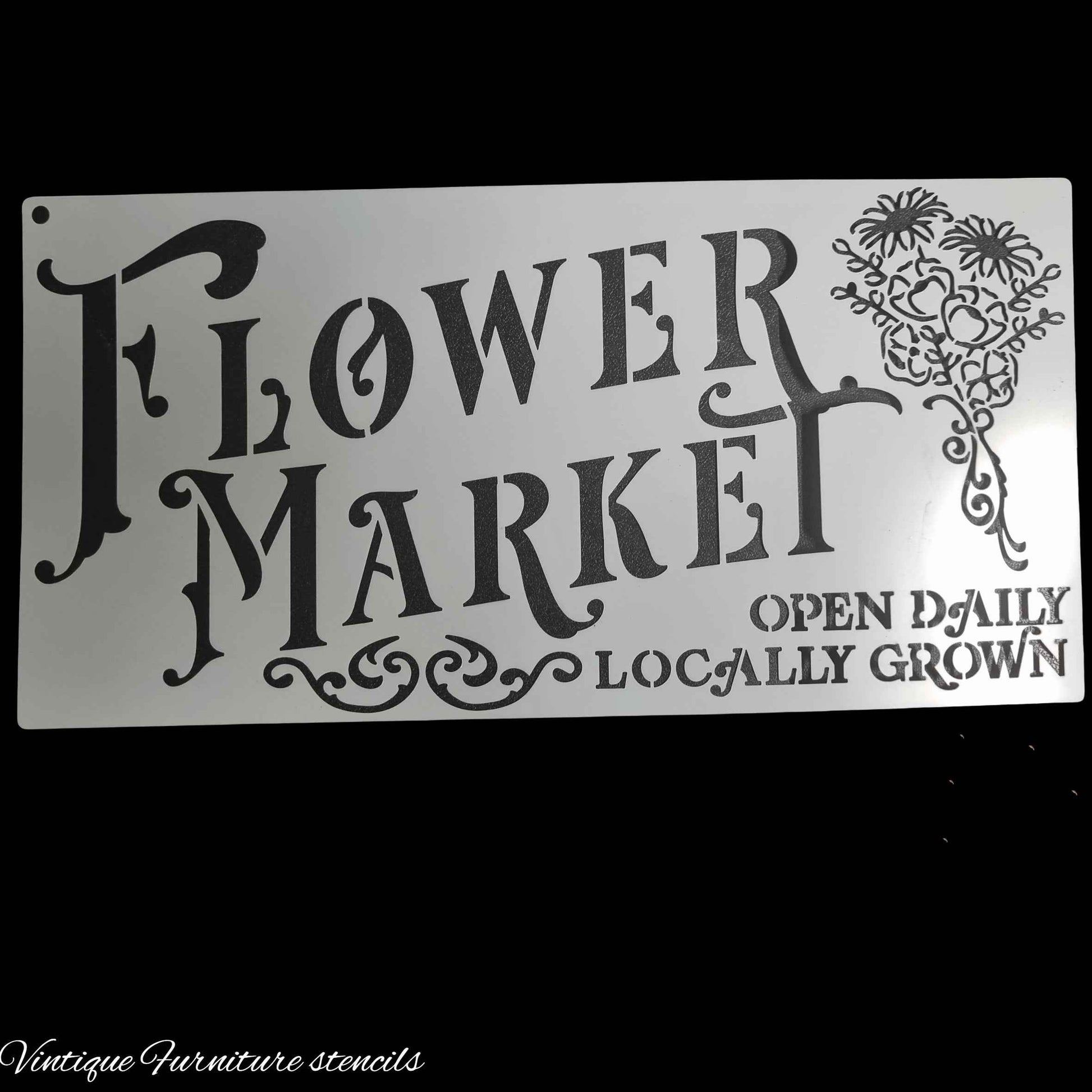 Country themed furniture paint stencil-FLOWER MARKET 300mm x 150mm
