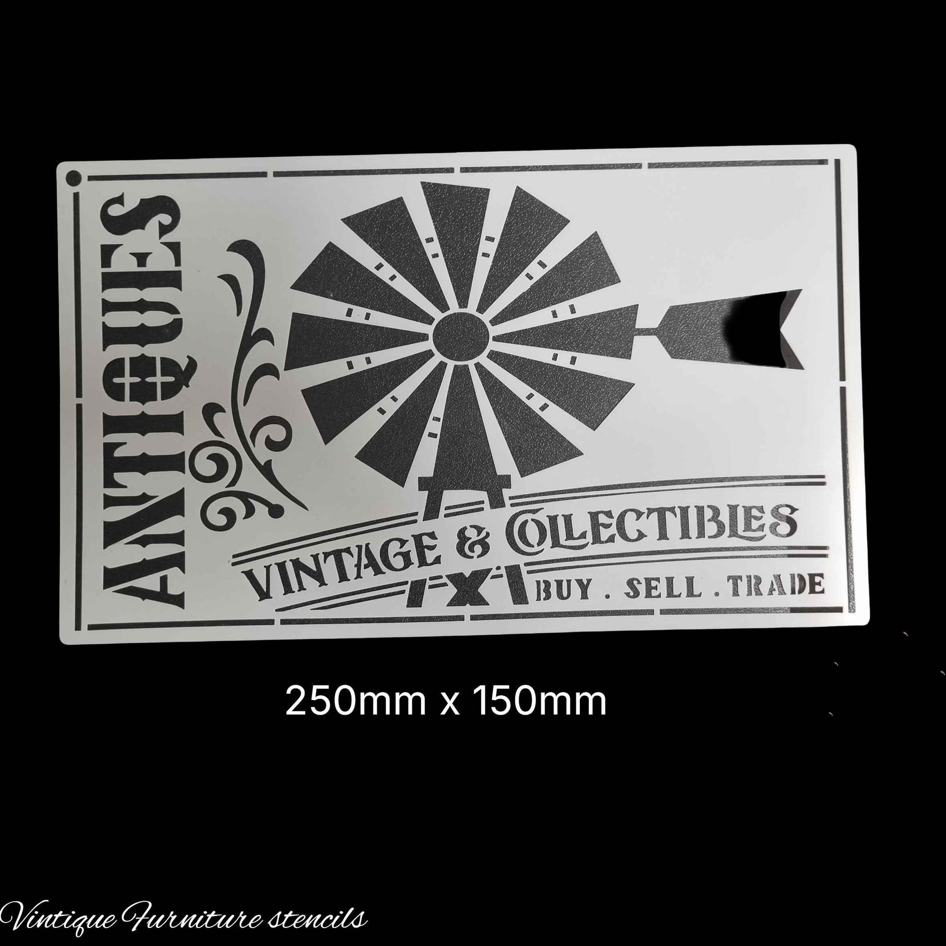 Country themed furniture paint stencil-ANTIQUES 250mm x 150mm