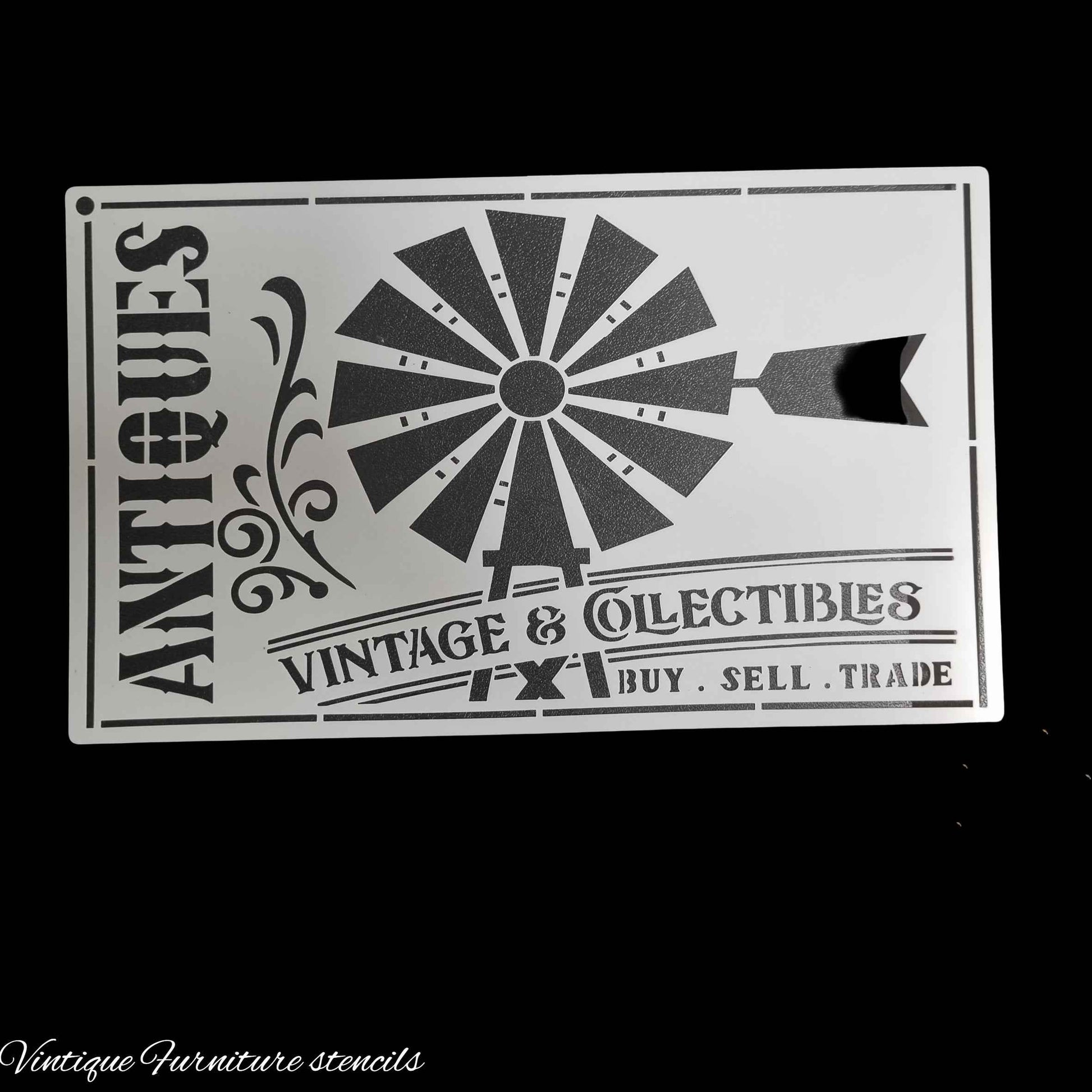 Country themed furniture paint stencil-ANTIQUES 250mm x 150mm