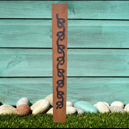 Black Metal Garden Art - Long Koru Pattern on Rustic Oak Post - Vintique Concepts