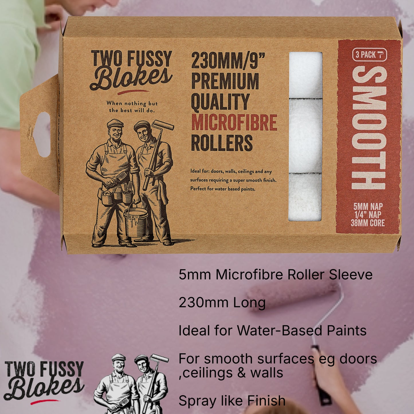 230mm Microfibre Paint Roller Sleeve -Smooth 5mm Nap(3 PACK)  From Two Fussy Blokes