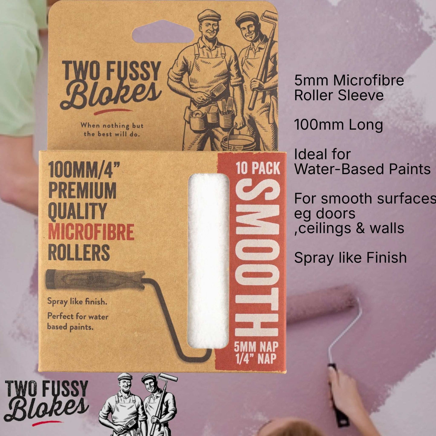 100mm Microfibre Paint Mini-Roller Sleeve 10 Pack -Smooth 5mm Nap From Two Fussy Blokes