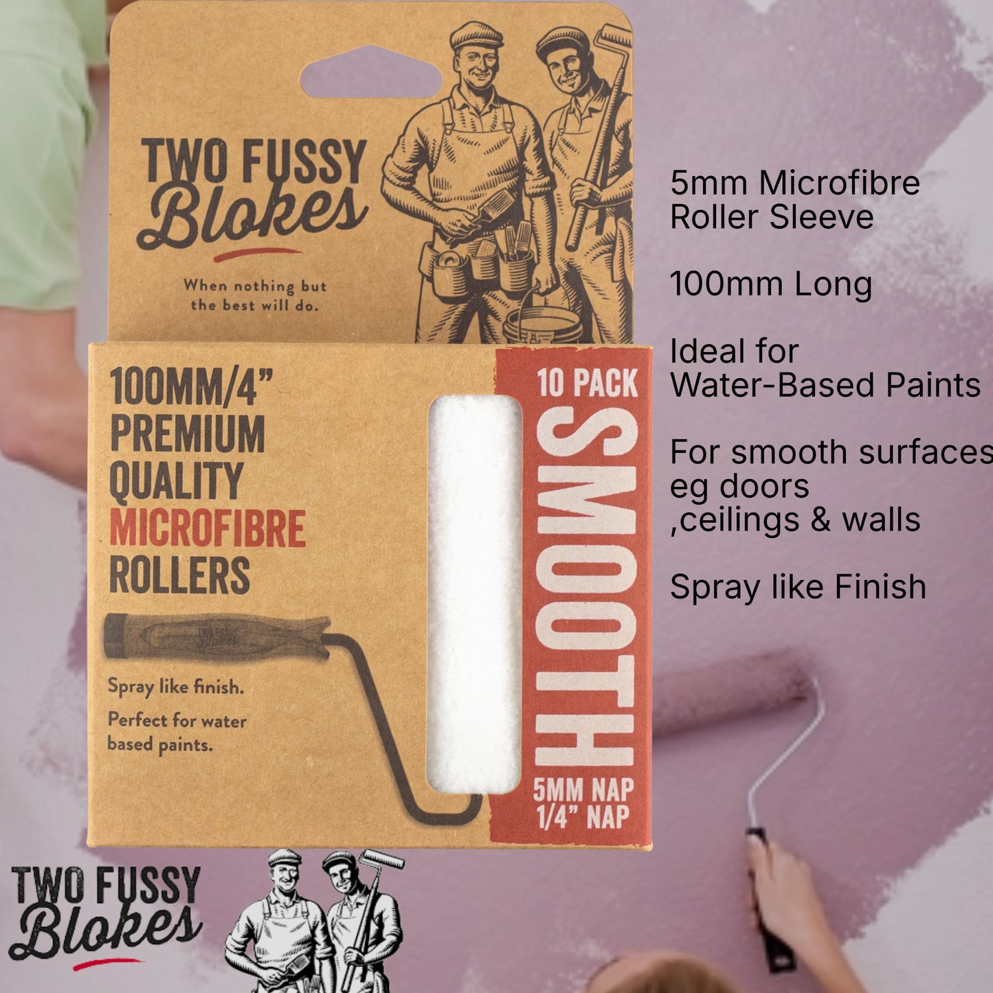 100mm Microfibre Paint Mini-Roller Sleeve 10 Pack -Smooth 5mm Nap From Two Fussy Blokes