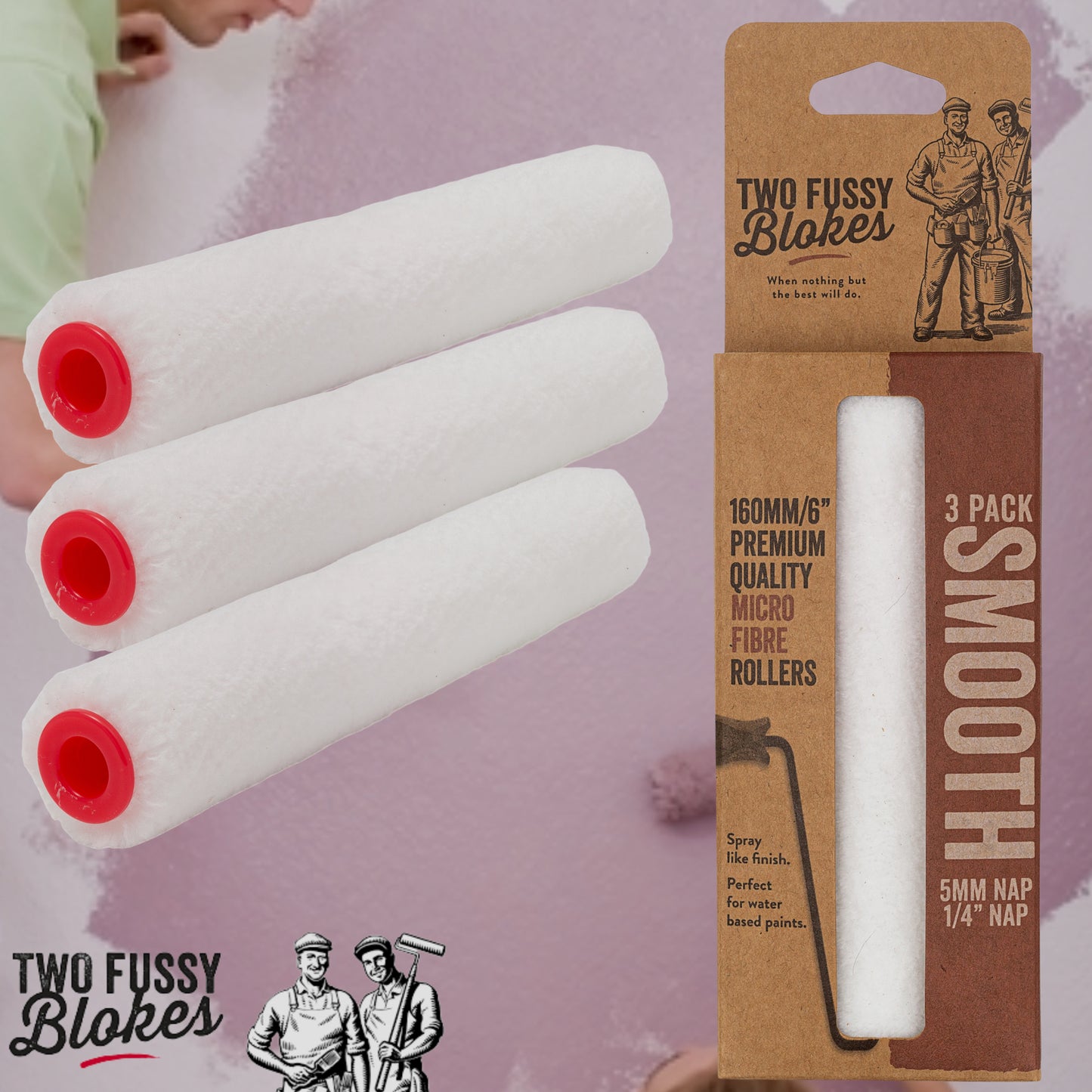 160mm Microfibre Paint Mini-Roller Sleeve 3 Pack -Smooth 5mm Nap From Two Fussy Blokes
