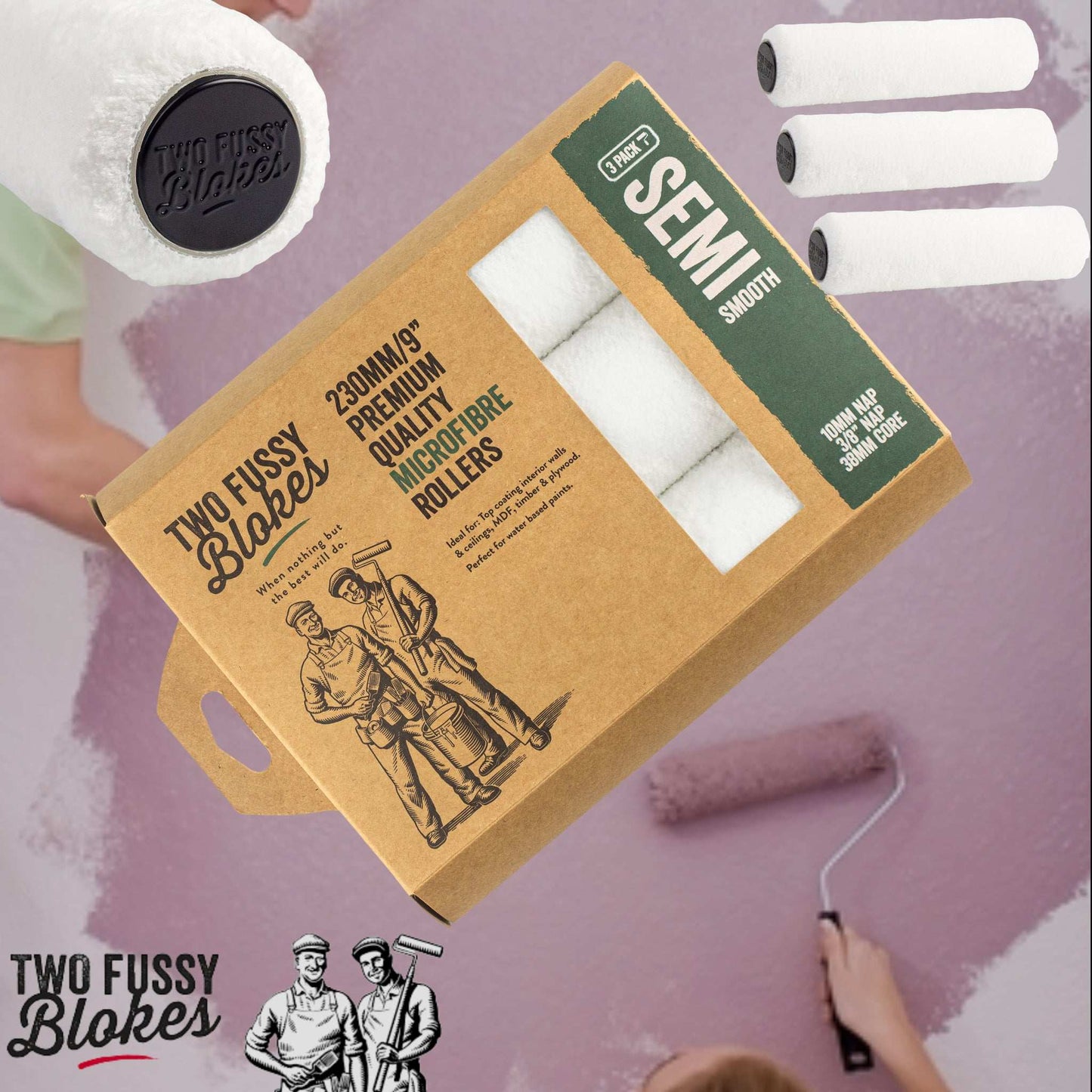 230mm Microfibre Paint Roller Sleeve -(3 Pack)-Semi-Smooth 10mm Nap From Two Fussy Blokes