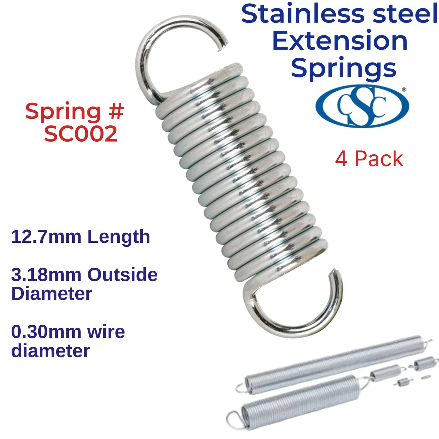 Stainless Steel Extension Spring  12.7mm Long (3.18 OD x 0.33 WD) SC002 (4 Pack) from Century