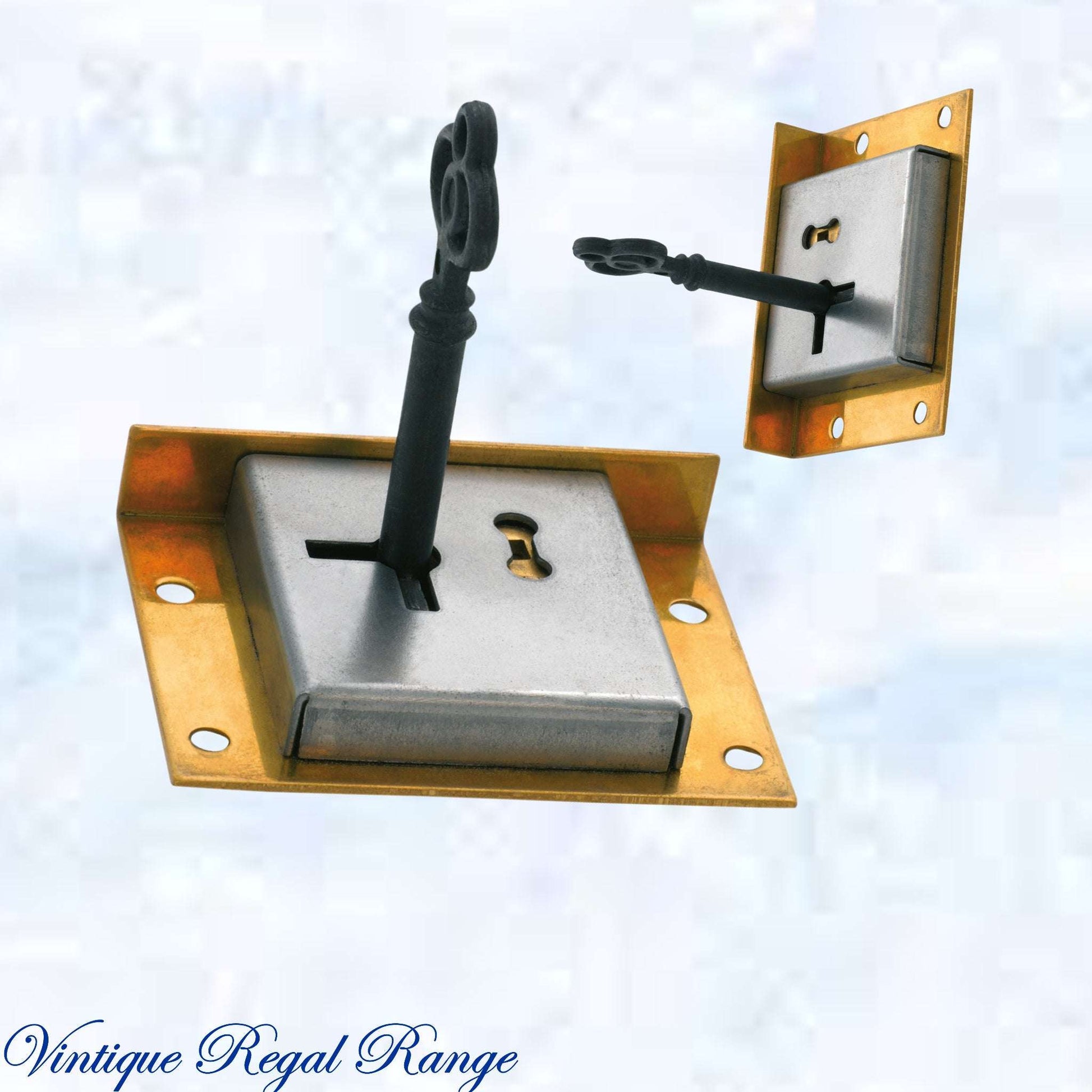 Antique polished brass Drawer Lock & Key 63W x 48mmH