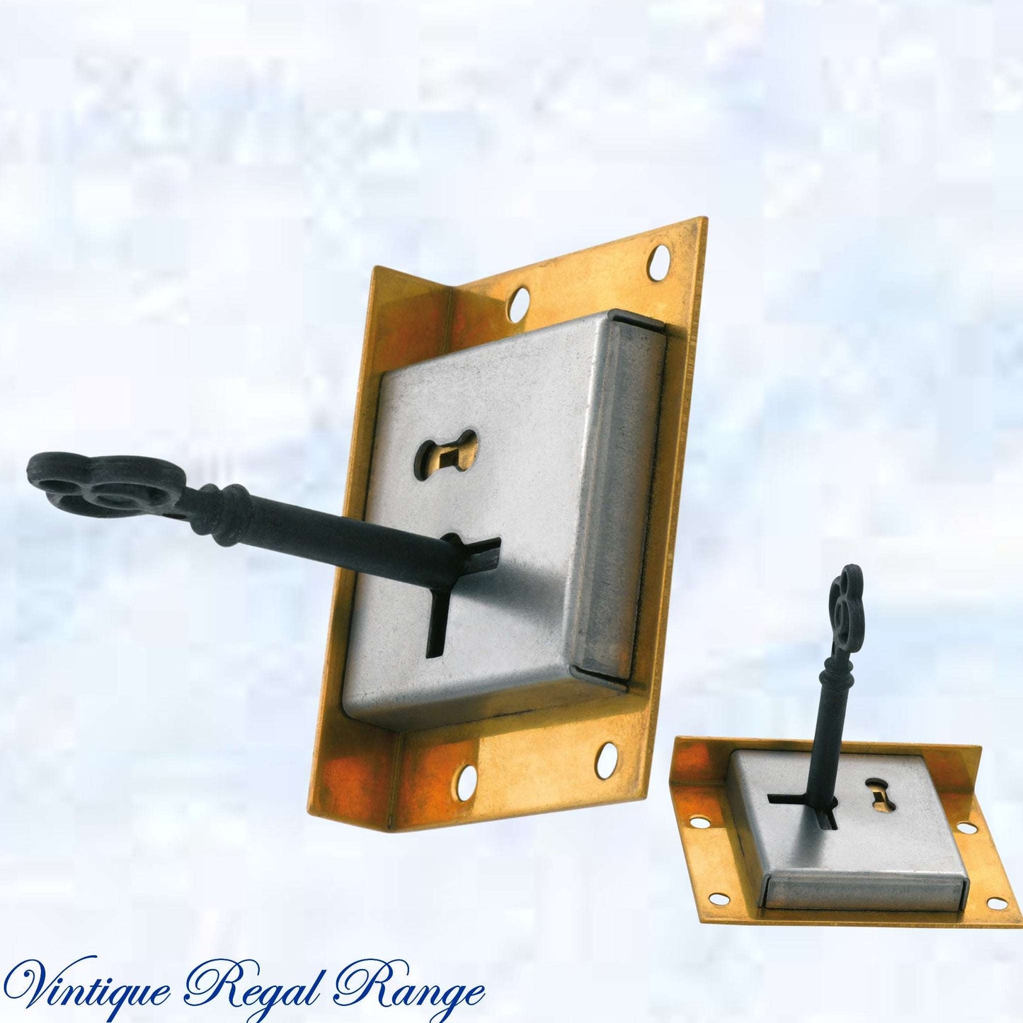 Antique polished brass Drawer Lock & Key 63W x 48mmH