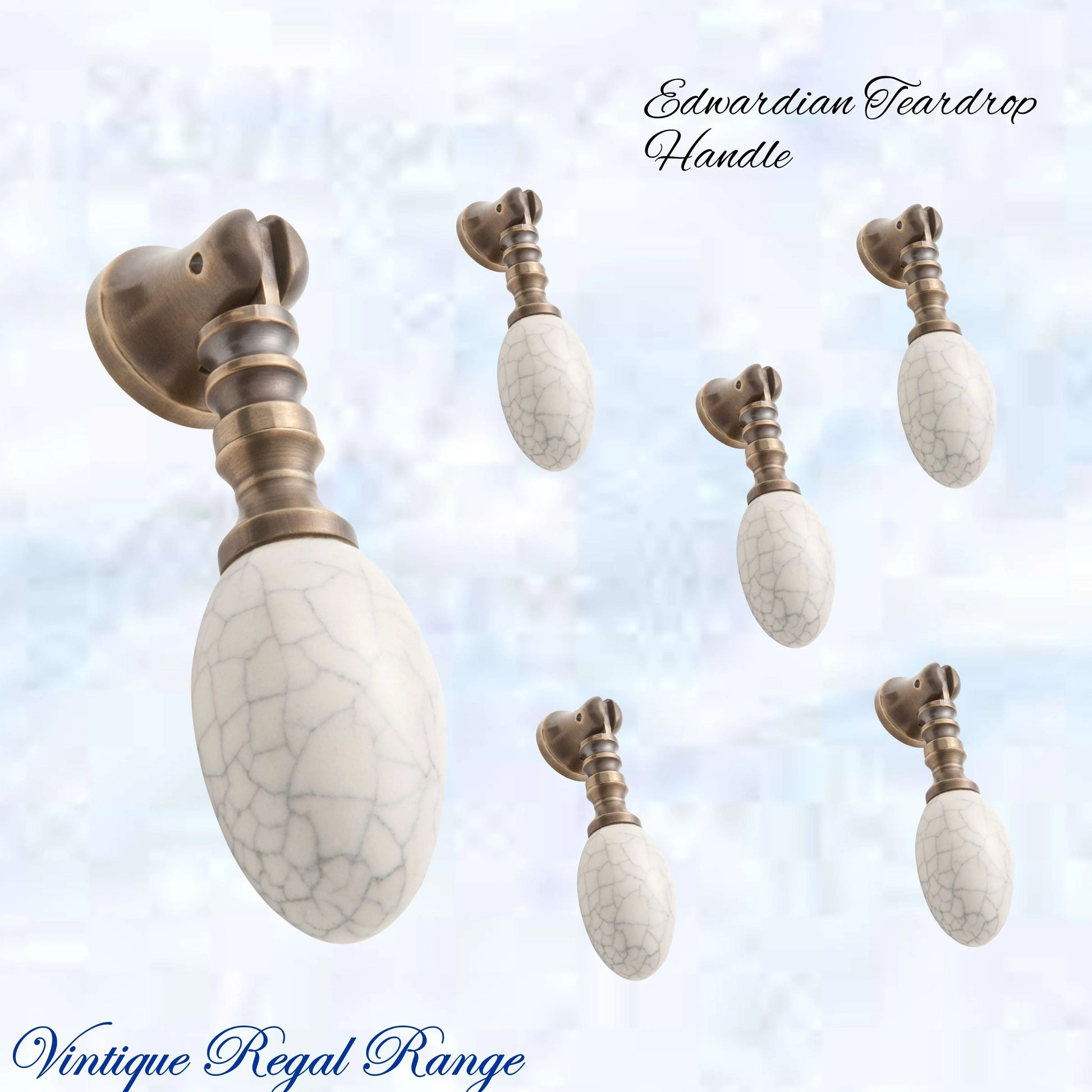 Edwardian Teardrop Porcelain- Antiqued Brass Cabinet / Drawer Handle (65mm teardrop) - Vintique Concepts