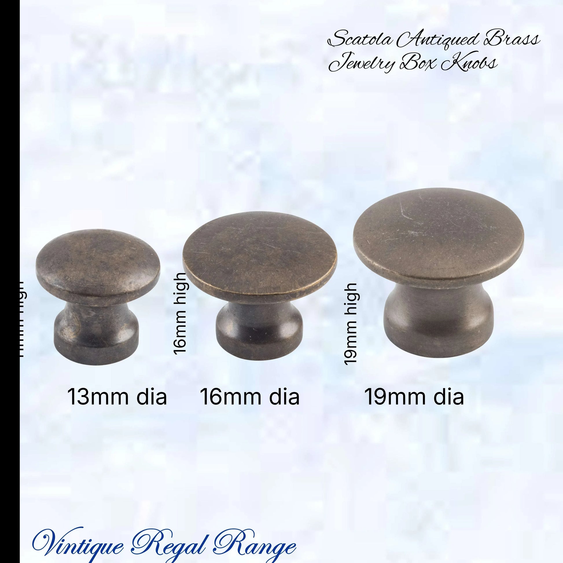 "Scatola" jewelery box premium Antiqued brass Knobs (3 sizes) - Vintique Concepts