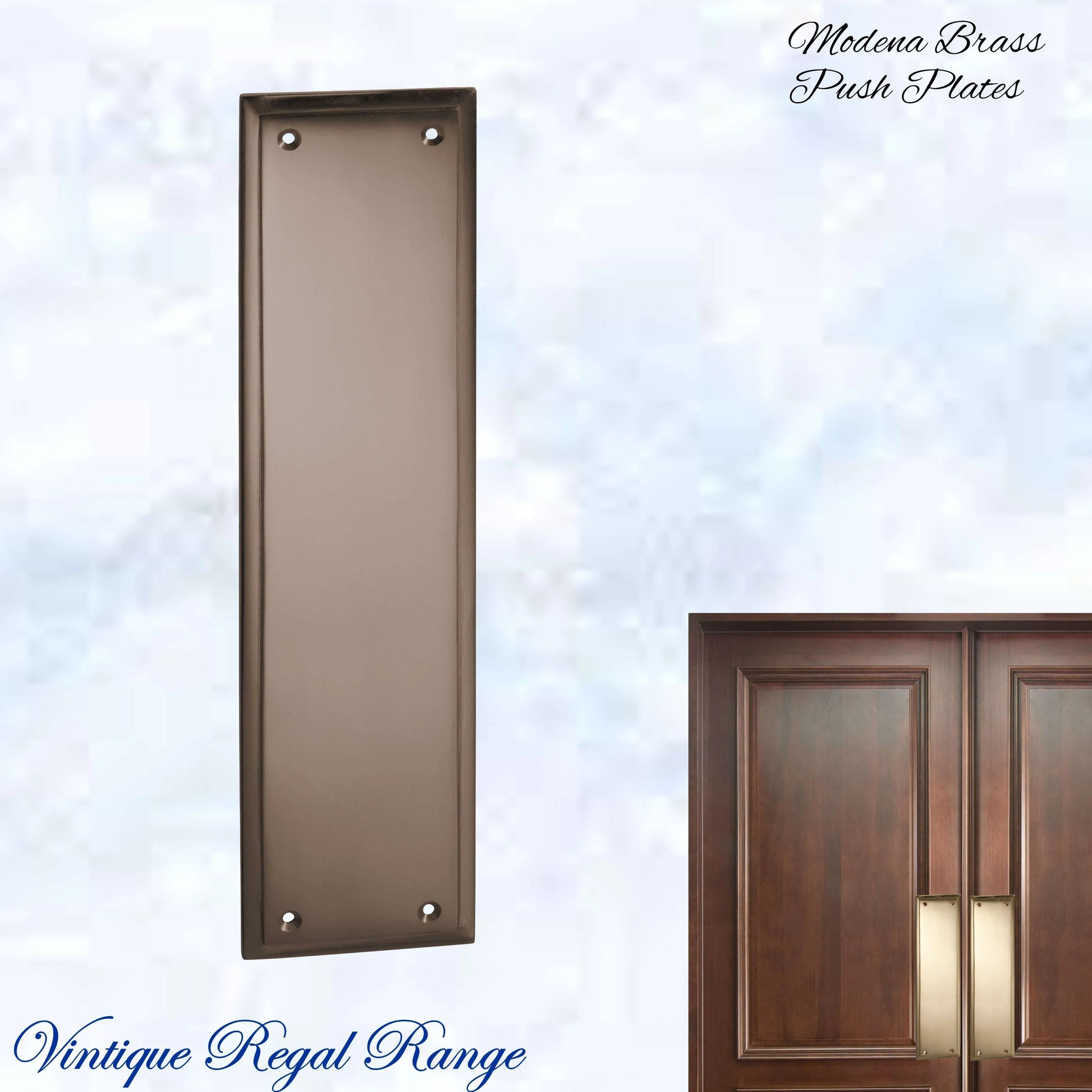 Antiqued Brass MODENA Polished brass Push Plate 300mm x 75mm - Vintique Concepts