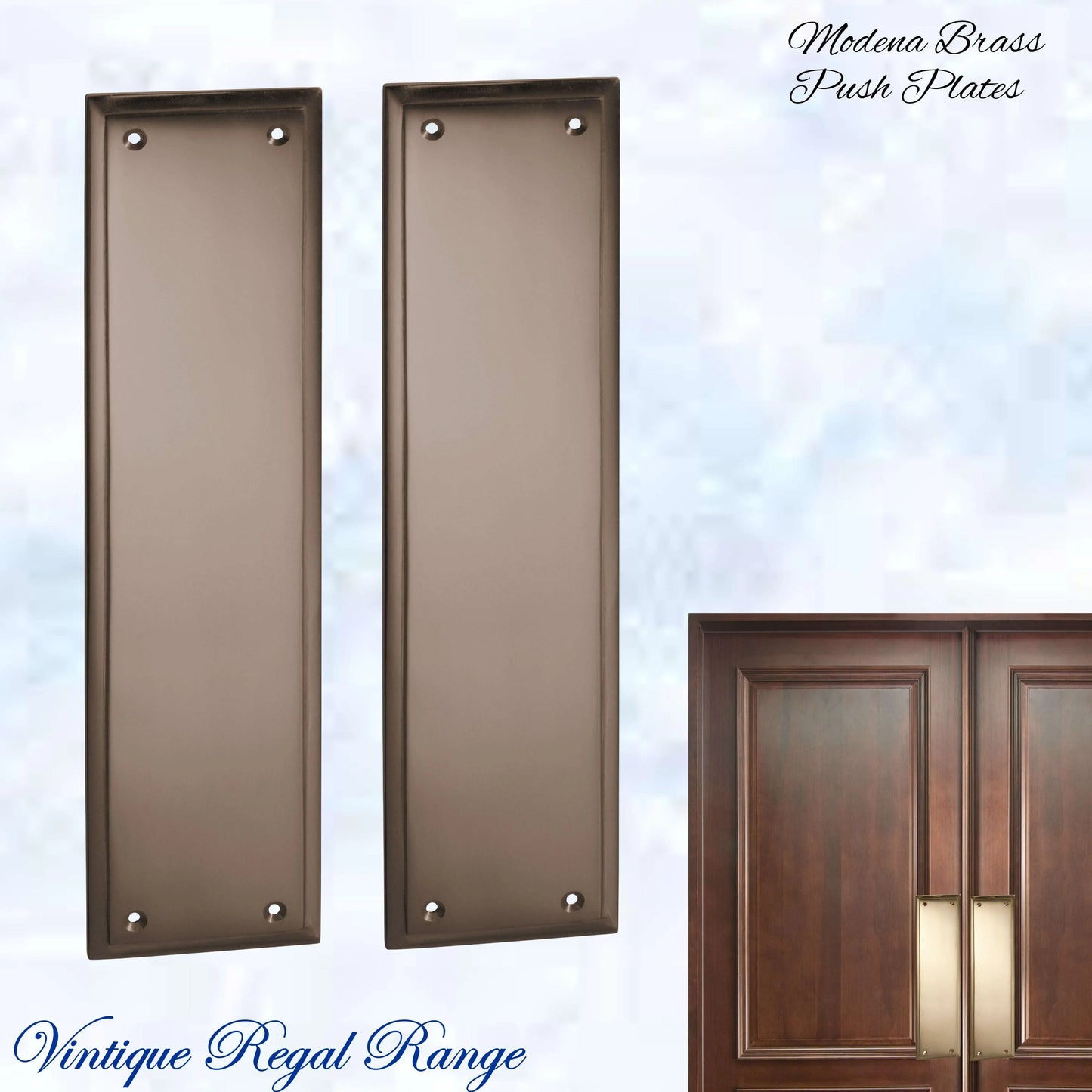 Antiqued Brass MODENA Polished brass Push Plate 300mm x 75mm - Vintique Concepts